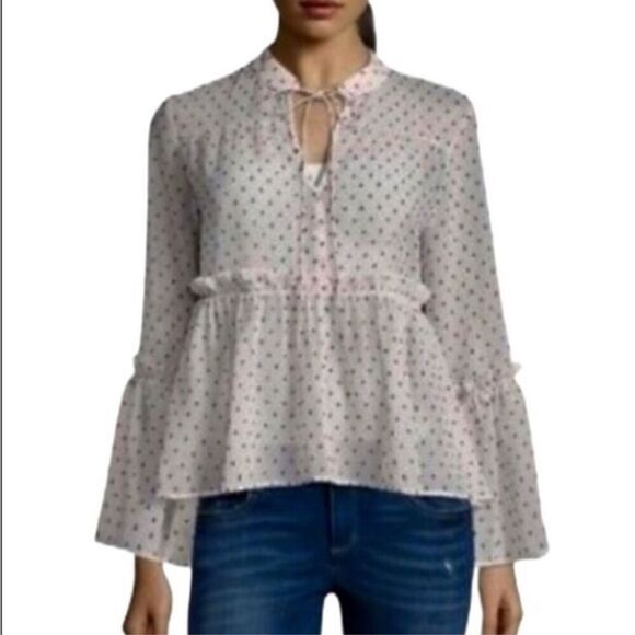 LIBBY EDELMAN | Sheer Ruffle Sleeve Blouse Polka Dot Blush Pink Black | Size XL - Picture 1 of 6